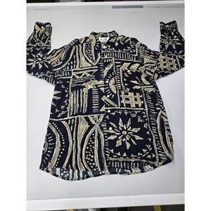 Aggio Men's Vintage Rayon Button-Up Shirt Size Large All Over Print Gold/Black